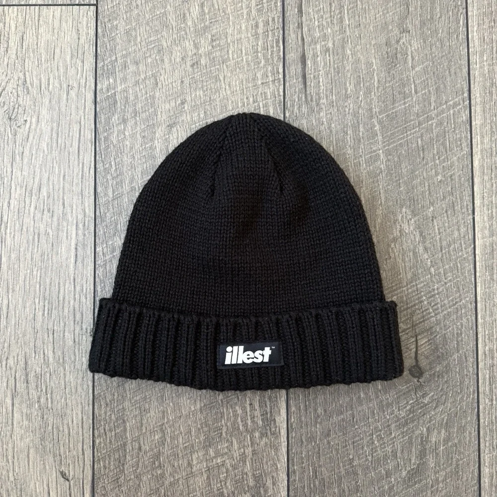Y2K Illest Beanie Hat Black Knit Cuffed Logo Patch Streetwear Skull Cap Adult OS